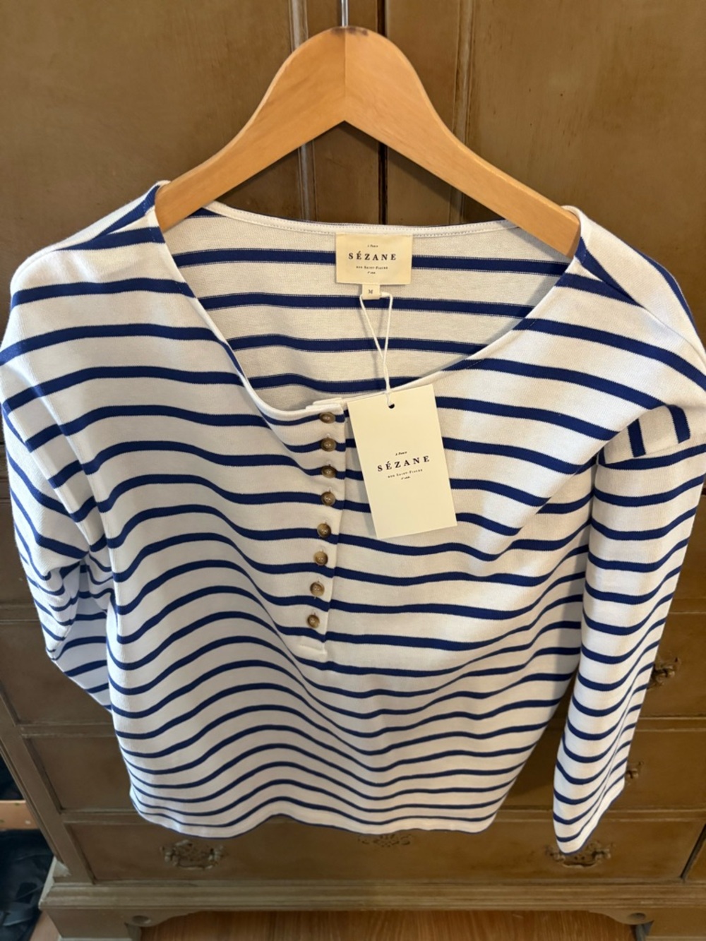Sezane - Gatsby Mariniere- White and Blue Striped Long-Sleeve Henley Top - Picture 3 of 4
